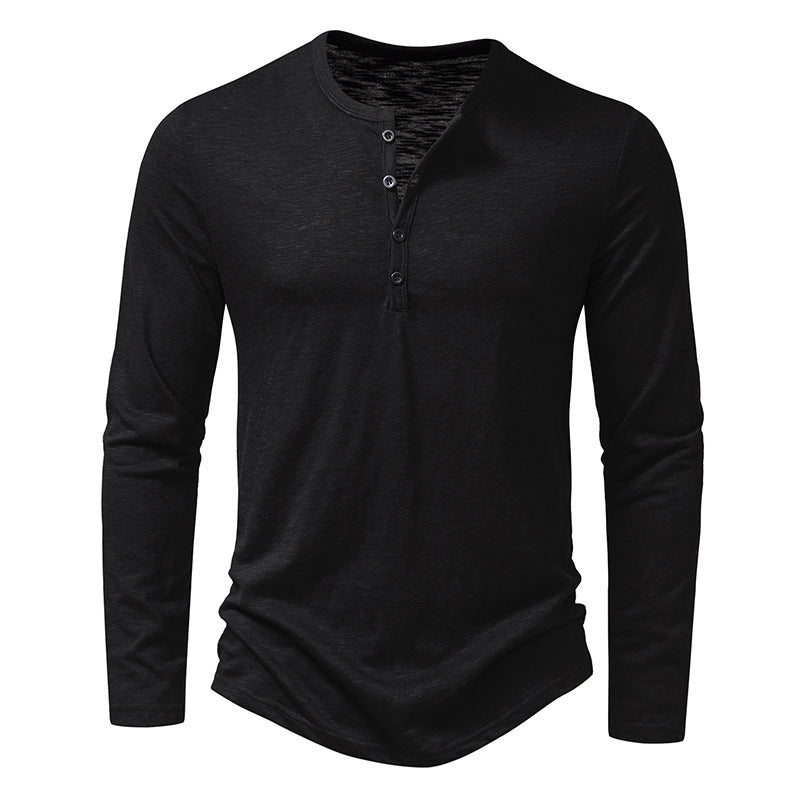 Men's Long-Sleeve Casual T-Shirt | Solid Color Pullover Button Top