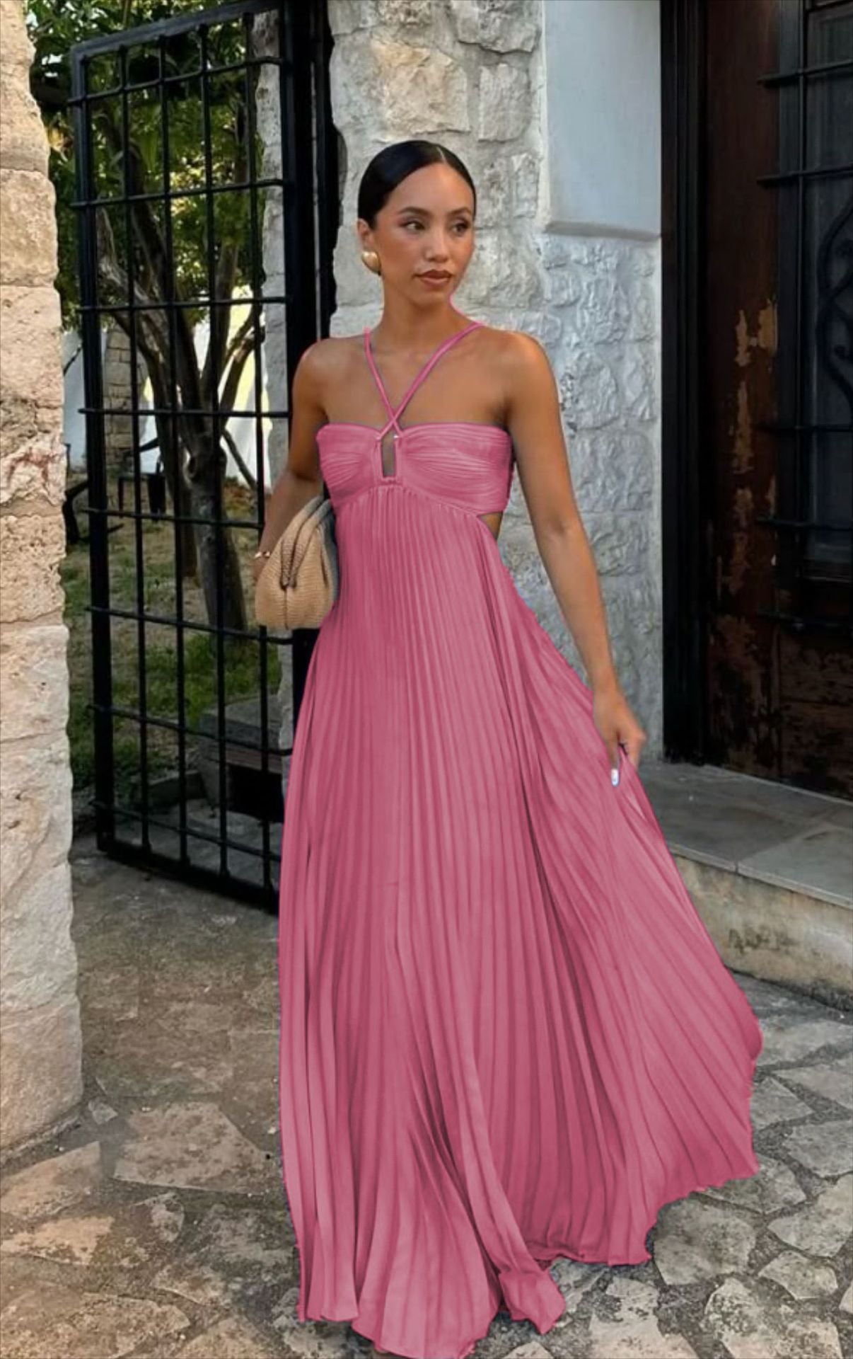 Women's Pleated Sleeveless Sling Dress | High Waist Halter Party Dress